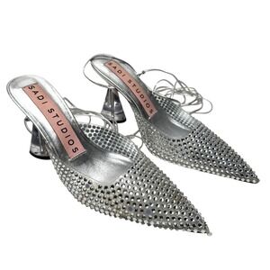 Sadi Studios Silver Rhinestone Lace Up Pointed Toe Heels